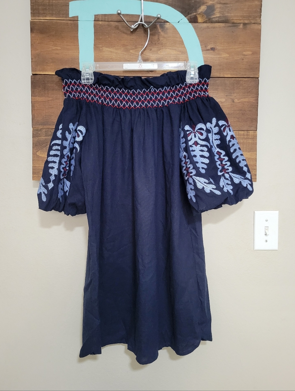 Rebellion Navy Off The Shoulder Puff Sleeve Floral Embroidered Cotton Dress M